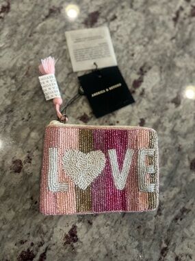 America & Beyond  'LOVE' Pink Multi Beaded Coin Pouch
